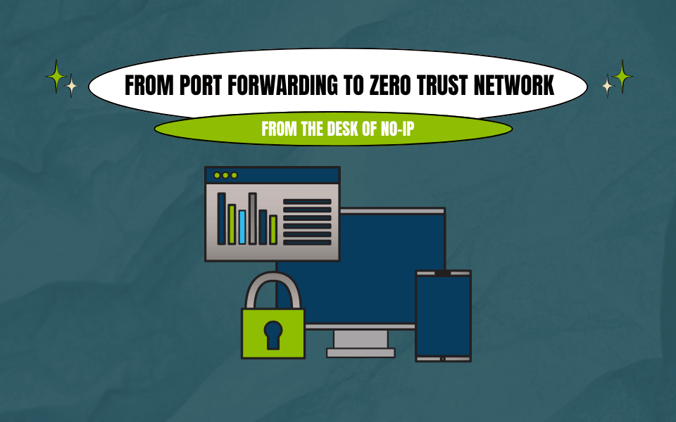 picture of a computer and computer screens with a lock on a dark teal background titled "Port Forwarding to Zero Truck Network".