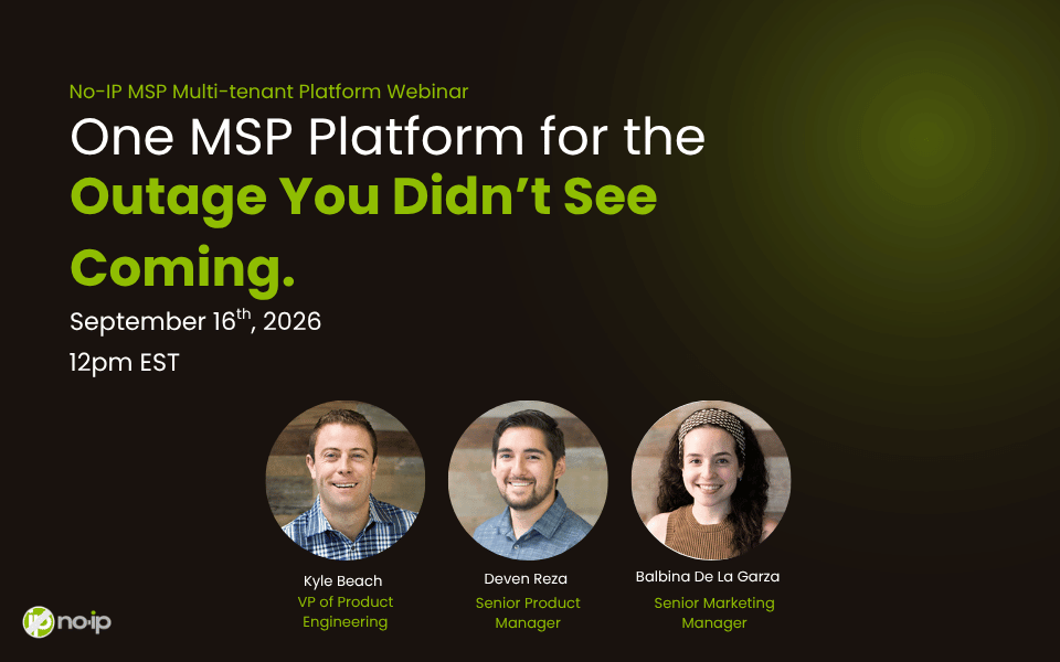 black and green background with title "one MSP platform form the outage you didn't see coming". Pictures of presenters Kyle, Deven, and Balbina with their names and titles at the bottom.