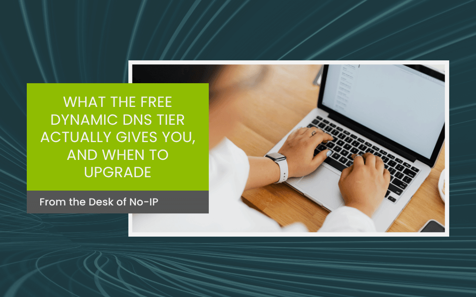dark teal background with a picture of a person on a laptop computer.