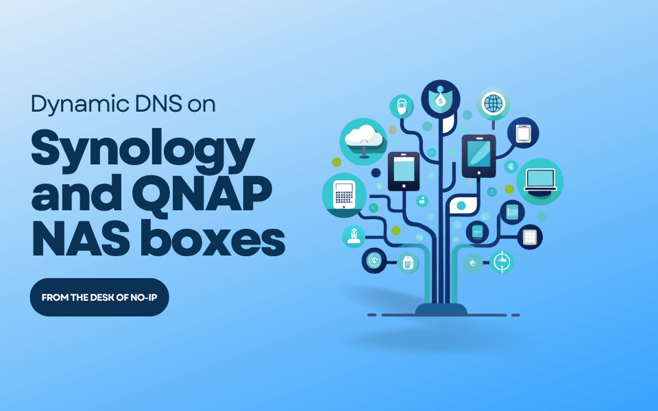 Blue and white background with an image of a tree that has devices and clouds connected in the branches. Title "Dynamic DNS on Synology and QNAP NAS boxes" with a dark blue oval with the words "From the Desk of No-IP".
