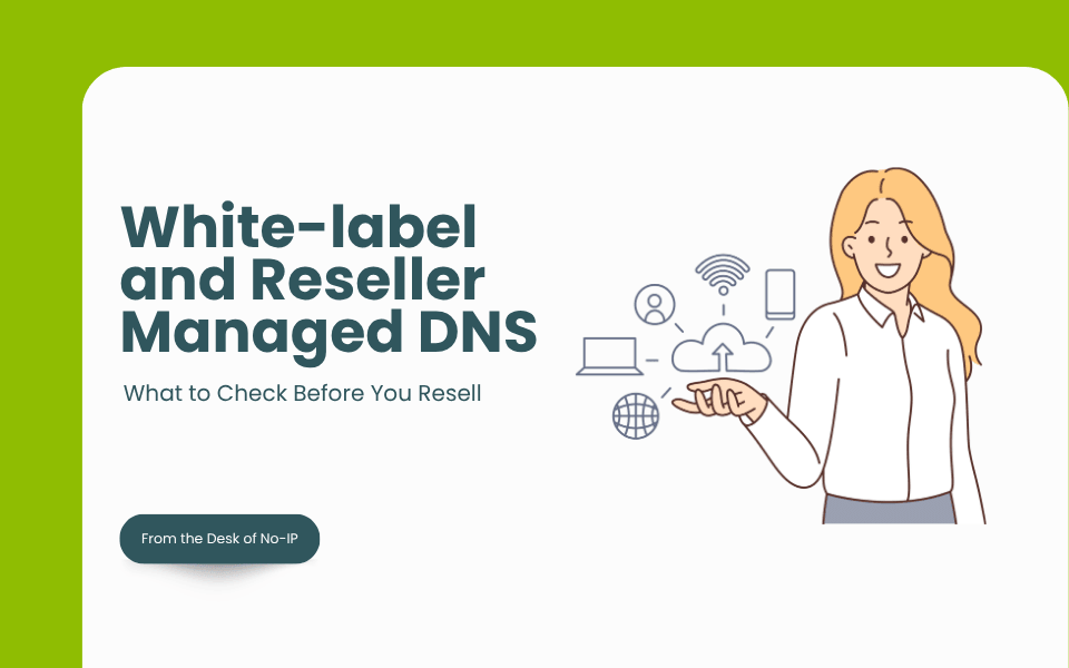 image of a woman holding internet symbols. A green border aroun a white square. Title "White-label and Reseller Managed DNS".